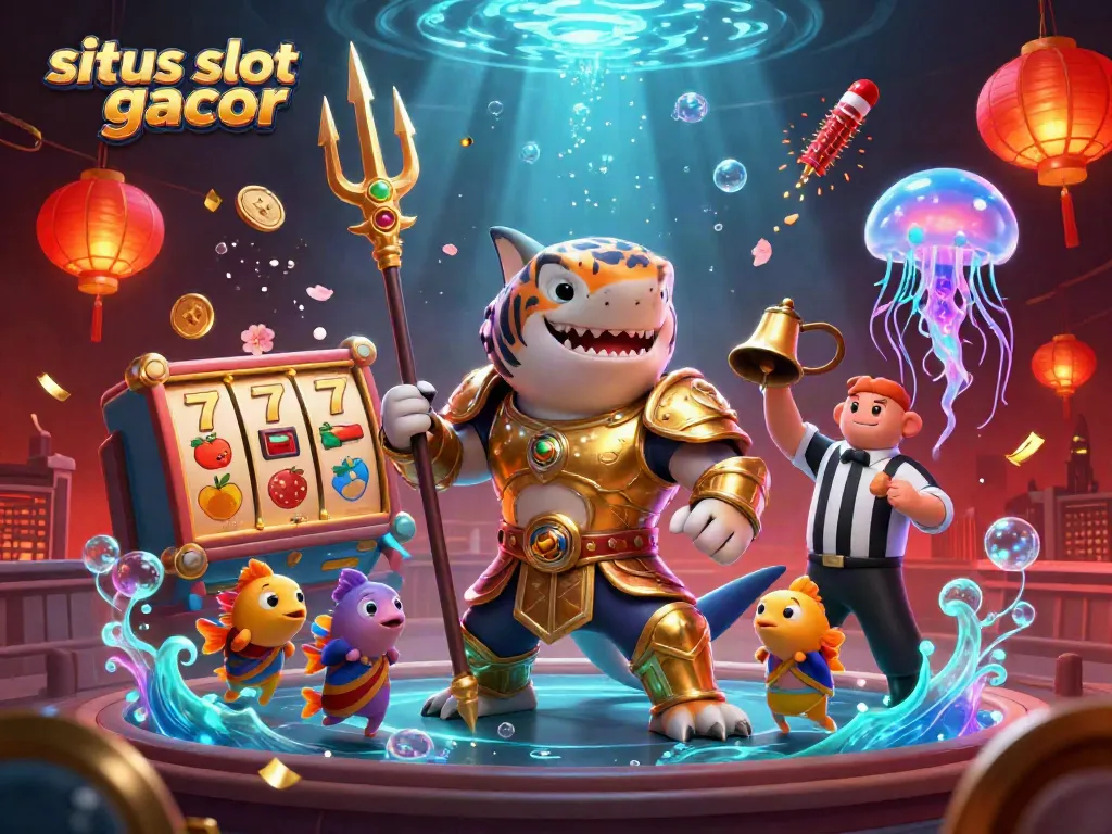 Engage with the dynamic situs slot gacor scene featuring a tiger shark and slot reels in a vibrant underwater colosseum.