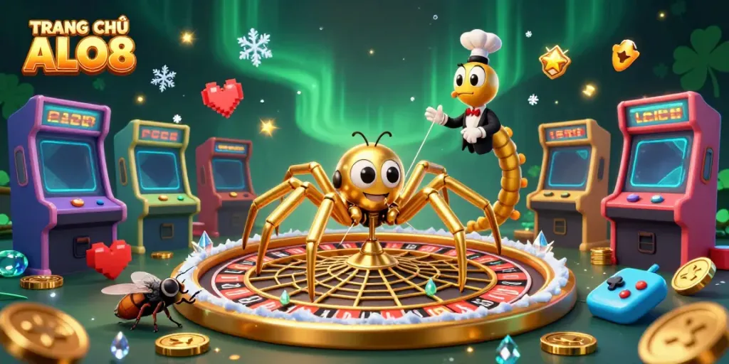 Engage with TRANG CHỦ ALO8's thrilling roulette experience featuring a golden spider and colorful casino machines.