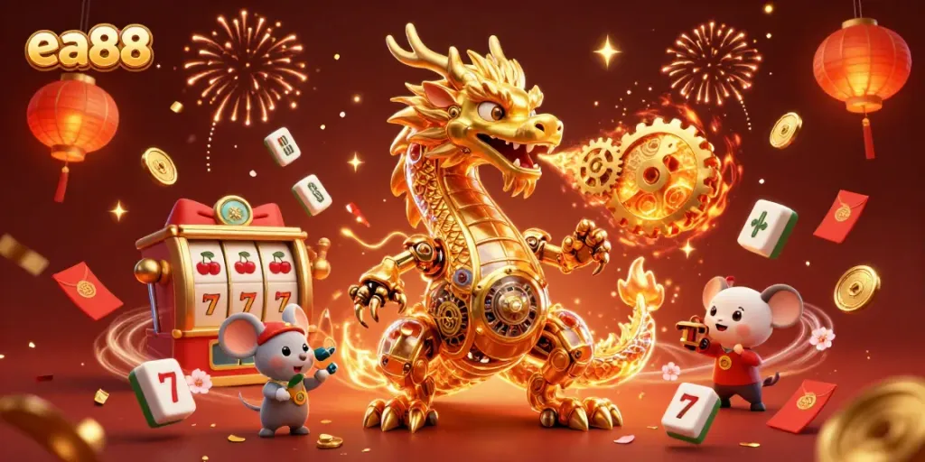 Hướng dẫn những chiến thuật chơi game hấp dẫn tại ea88 với hình ảnh con rồng vàng cơ khí bay ra biểu tượng may mắn.