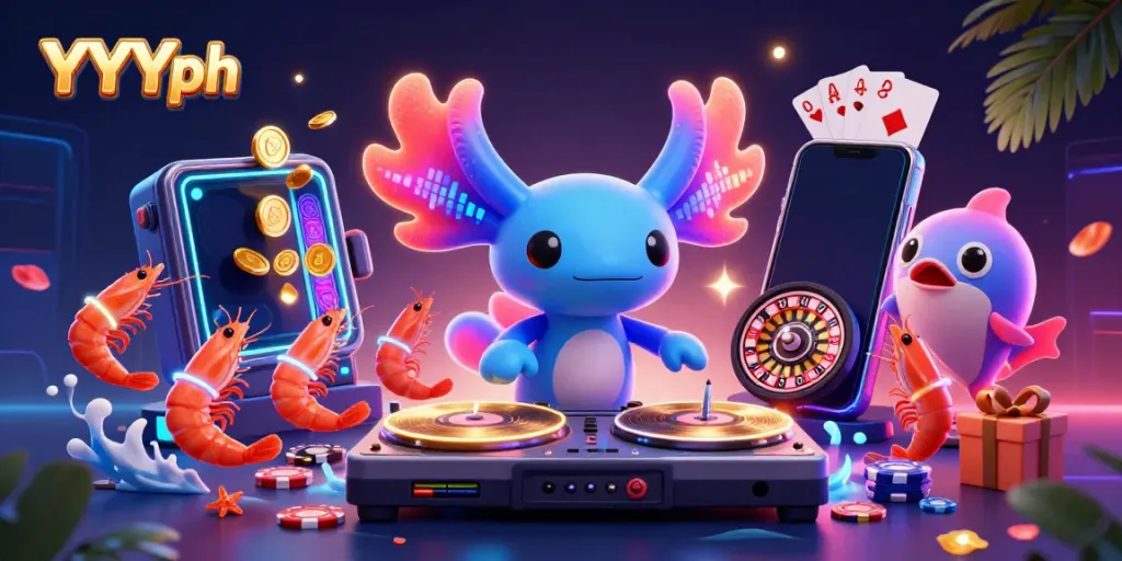Spin and win with YYYph's vivid casino scene featuring a neon axolotl DJ and gaming elements.