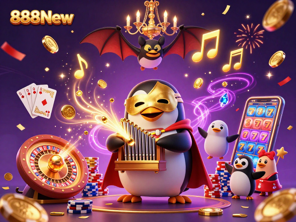 Experience exciting wins with 888New in a vibrant online casino scene featuring dynamic characters and gaming elements.