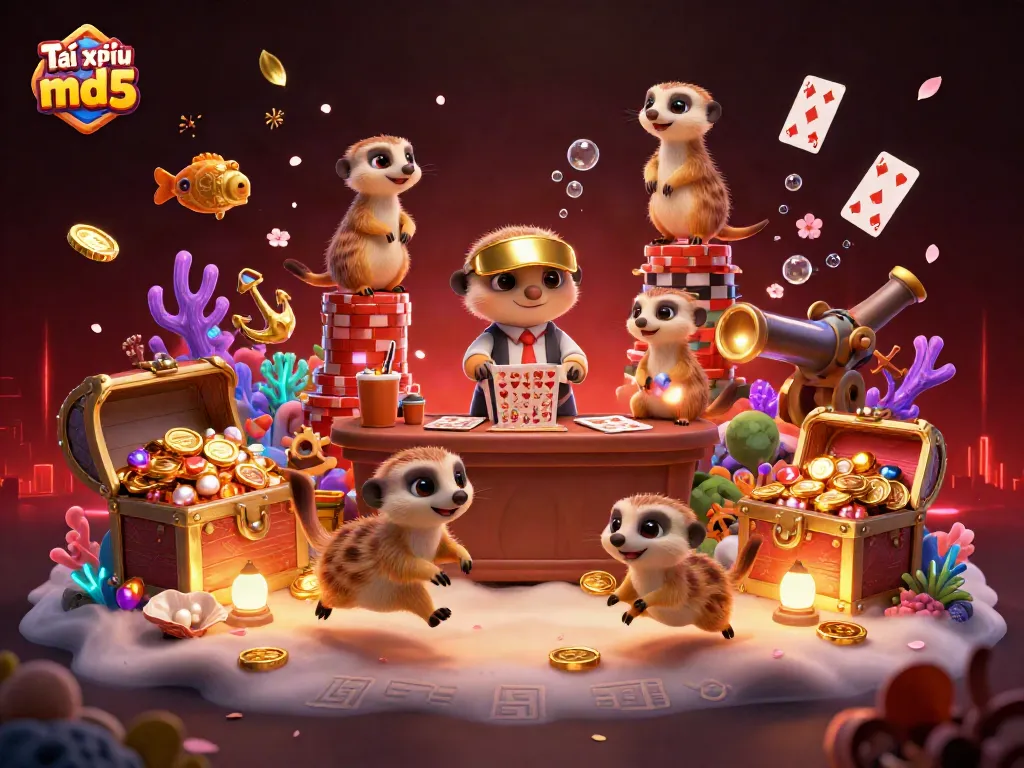 Tài xỉu md5 scene with meerkats operating a casino, surrounded by vibrant gaming elements, representing online excitement.