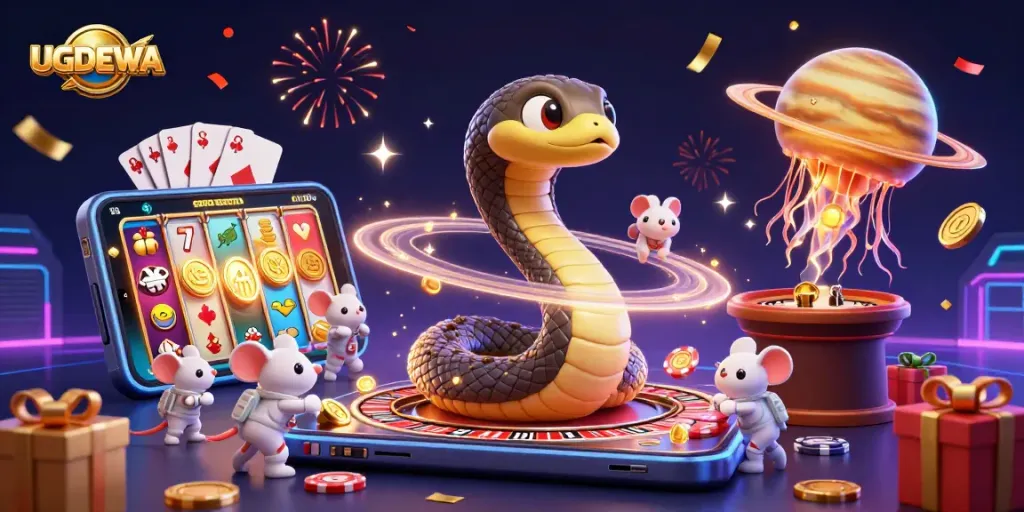 Spin the roulette wheel and discover UGDEWA’s virtual casino gaming experience with vibrant elements and engaging characters.