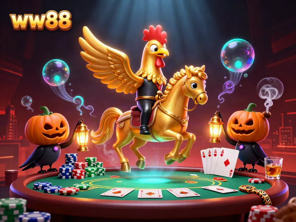 Experience thrilling casino action at ww88 with a headless horseman golden rooster in a vibrant 3D scene.