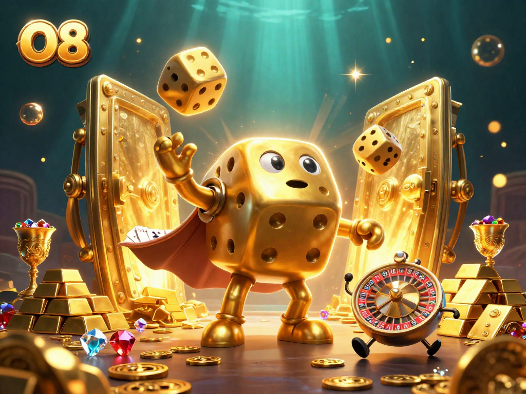 Join the thrill at O8, showcasing golden dice golem juggling riches and casino treasures.