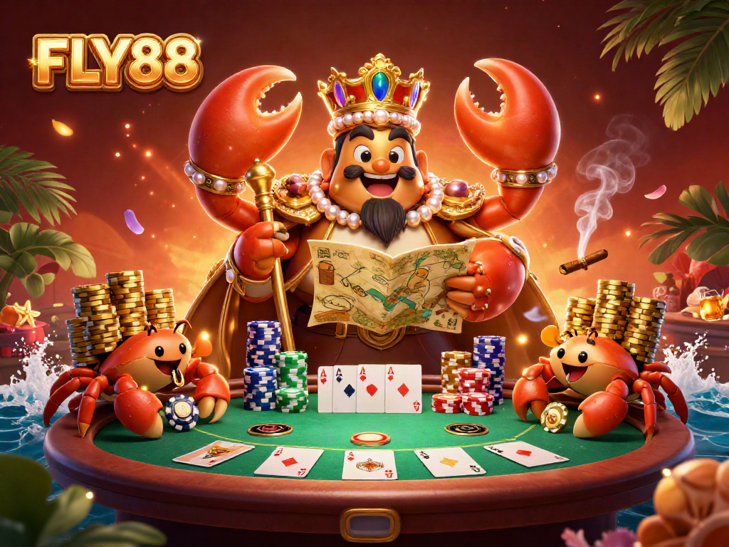 Join the excitement at FLY88 with a vibrant casino scene featuring a golden crab emperor amidst colorful poker elements.