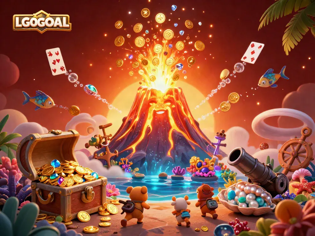 Experience the thrill of gaming with LGOGOAL's vibrant scene of a golden volcano erupting coins, showcasing excitement.