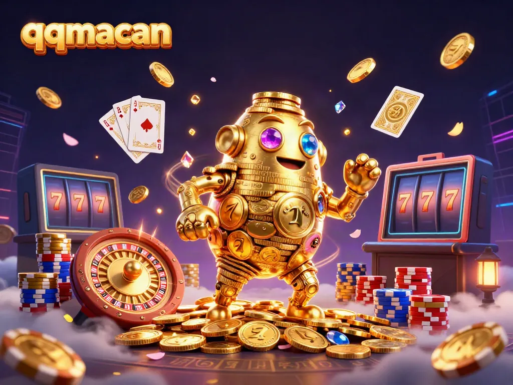 Experience the stellar gaming action at qqmacan with a dynamic scene of golden golems and casino elements.
