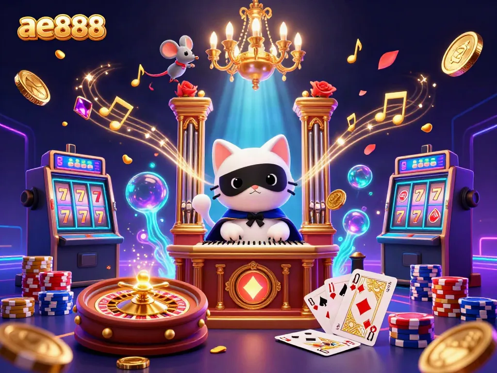 Experience the excitement of ae888 with a vibrant casino scene featuring a whimsical cat and captivating elements.