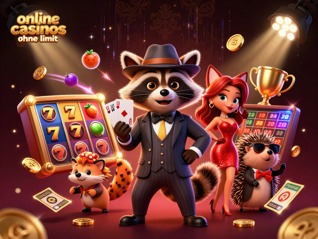Experience the thrill of online casinos ohne limit with a raccoon, fox, and hedgehog in a lively casino scene.