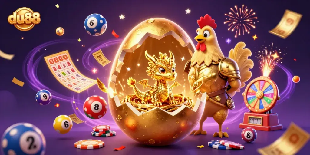 Experience thrilling gaming with du88 as a golden dragon and poker chips create an exciting casino atmosphere.