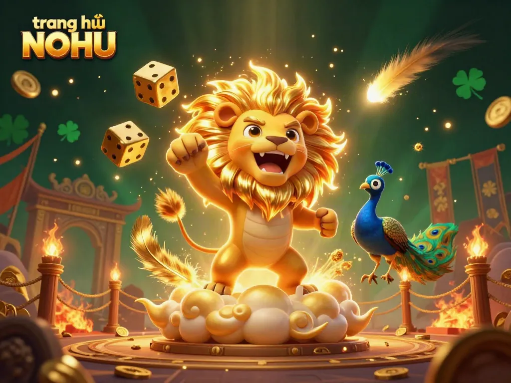 Experience the dynamic action at trang chủ NOHU with a roaring lion, golden dice, and vibrant casino elements.
