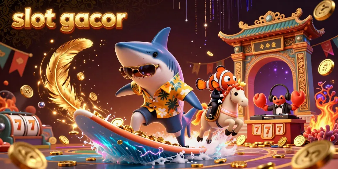Experience the thrill of slot gacor with lively characters surfing on gold coins and engaging elements.