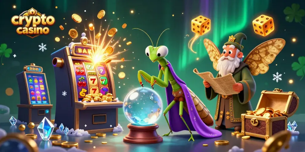 Engage with the vibrant world of the crypto casino featuring a playful fortune teller and immersive game elements.