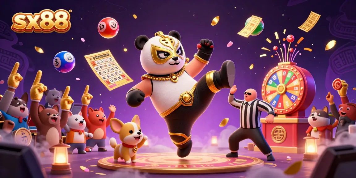 SX88 engaging casino scene with a panda wrestler in action and colorful gaming elements.