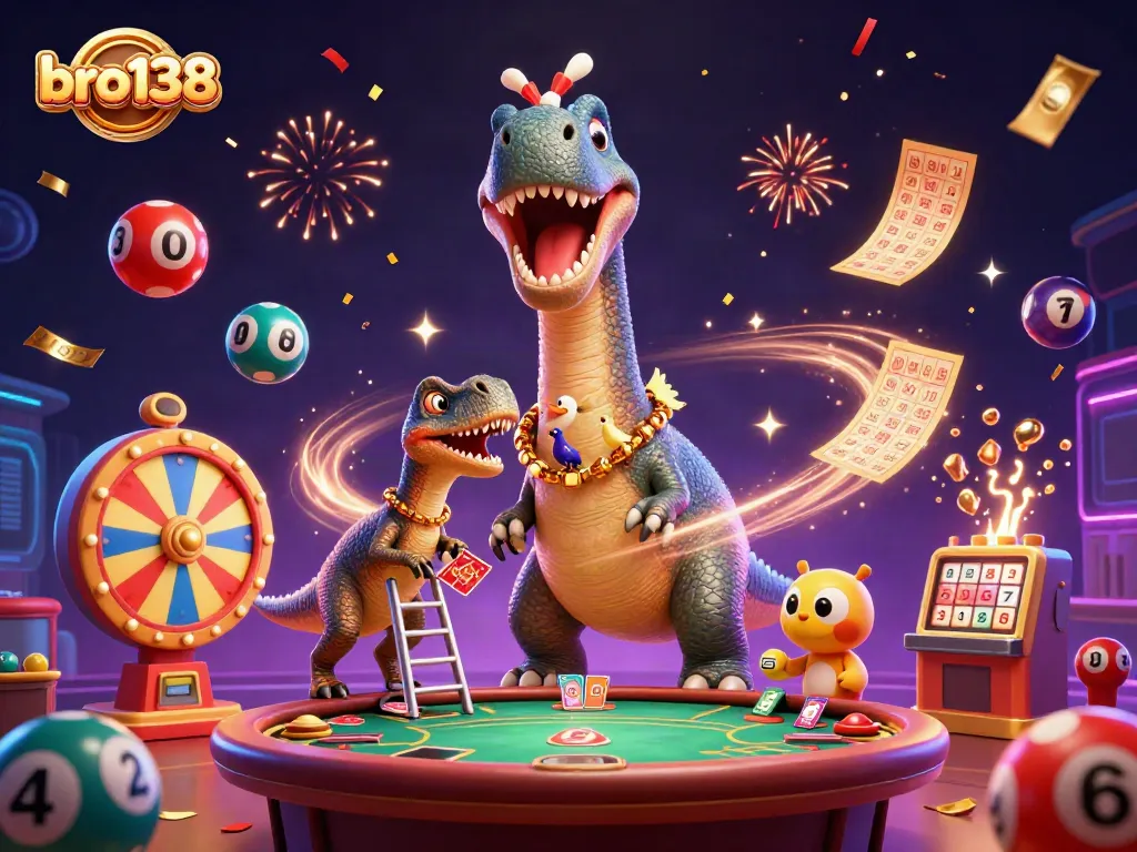 Experience excitement with bro138 as colorful lottery elements and a brontosaurus unite in a vivid casino scene.