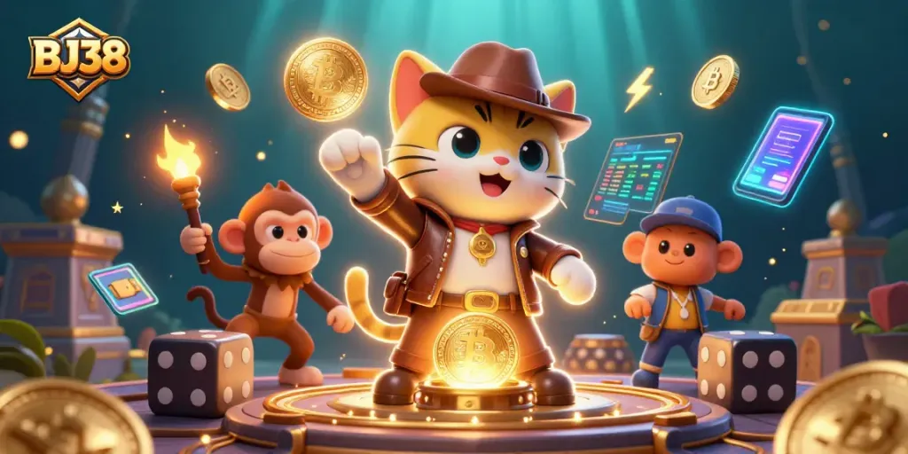 BJ38 illustrates a cartoon archaeologist cat and a monkey discovering treasures in a casino-themed adventure.