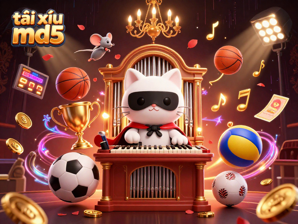 Experience the thrill of tài xỉu md5 with a vibrant casino scene featuring acrobatic characters and dynamic sports elements.