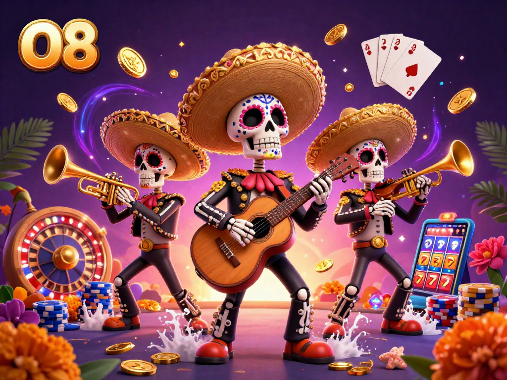 Experience exhilarating games at O8 with vibrant mariachi skeletons celebrating in a rich casino setting.
