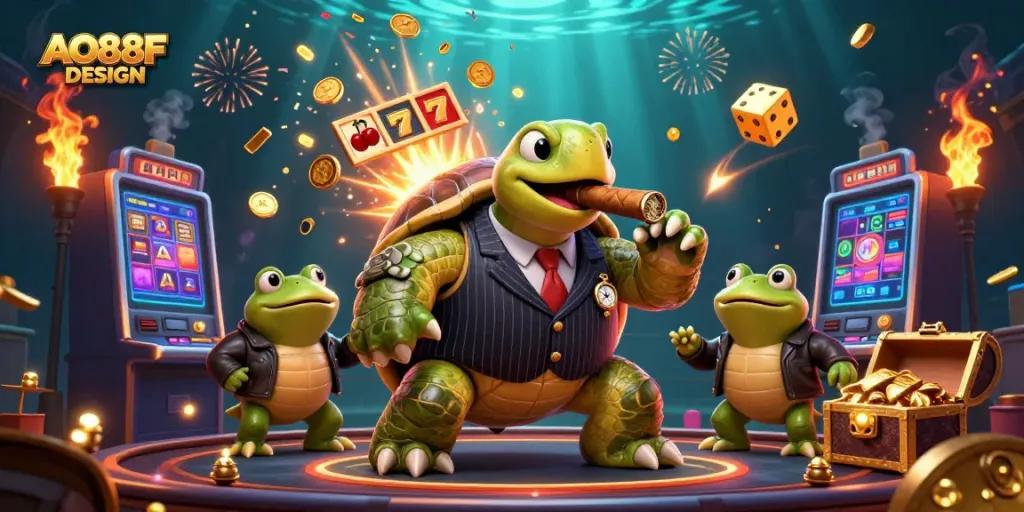 Engage in thrilling casino action with AO88F DESIGN featuring a snapping turtle mobster and dynamic slot machine.