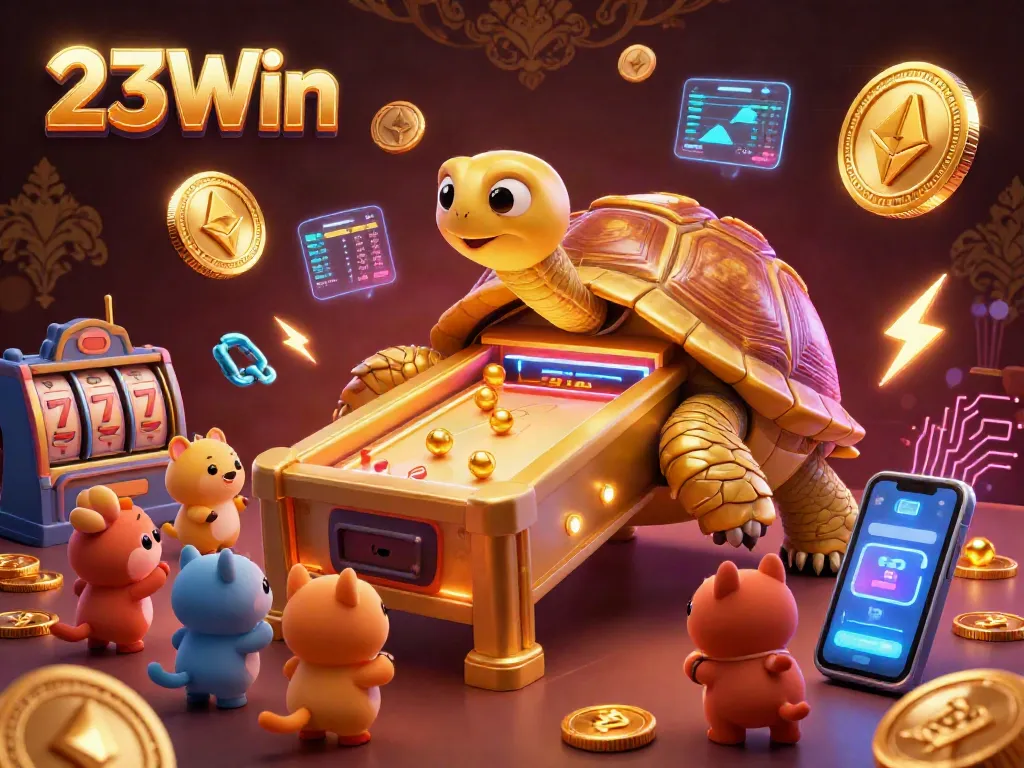 Engage with the vibrant scene of 23Win, showcasing dynamic casino fun with a colossal tortoise and crypto elements.