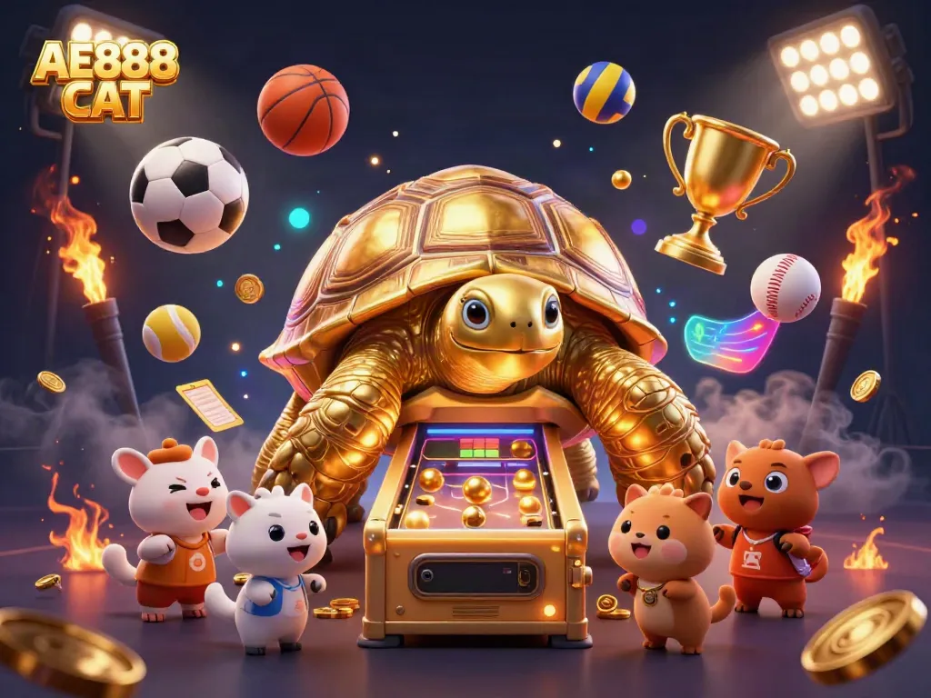 Engage in vibrant gaming action with AE888 CAT, featuring a golden tortoise pinball machine surrounded by dynamic sports elements.
