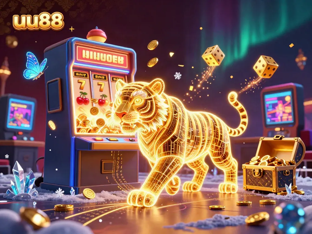Experience the thrill of uu88 with a vibrant casino scene showcasing a tiger and jackpot elements.
