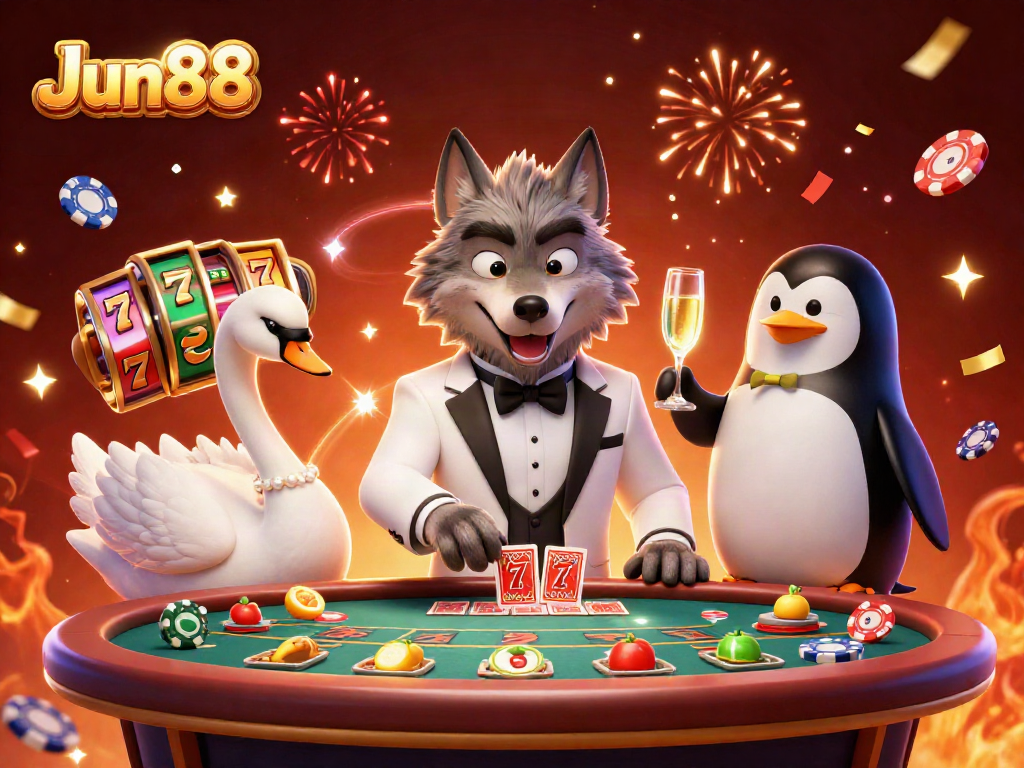 Spin the reels with Jun88 at an exciting casino scene featuring vibrant characters and celebratory elements.