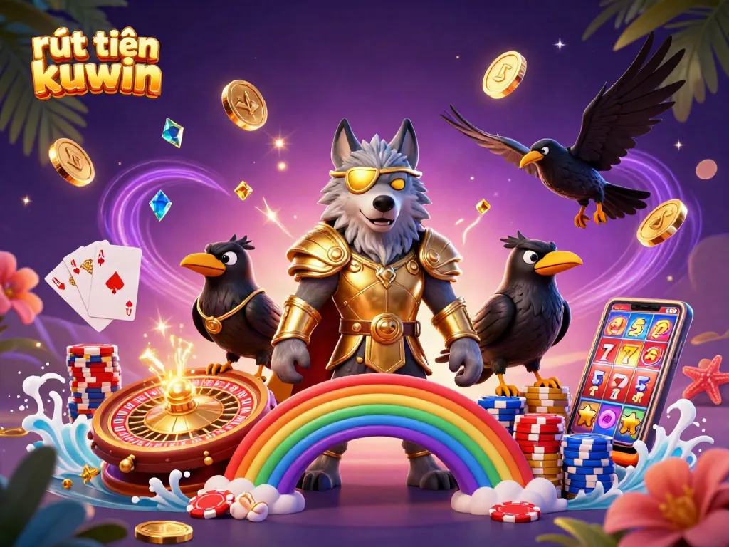 Experience the thrilling rút tiền kuwin process with vibrant casino elements and Norse mythology characters.