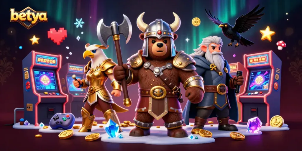 Experience thrilling gaming moments at betya, featuring Viking characters and casino elements in an epic scene.