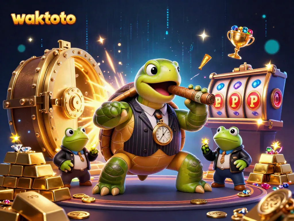 Menggoda pemain dengan WAKTOTO melalui ilustrasi 3D yang menampilkan kura-kura besar dan penegak di kasino bertema, dikelilingi harta karun.