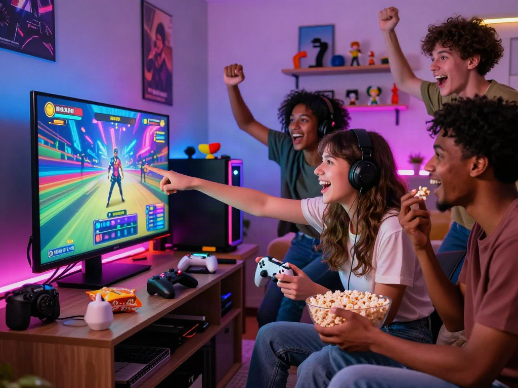 Diverse friends immersed in a dynamic porn game night in a cozy living room, showcasing excitement and interaction.