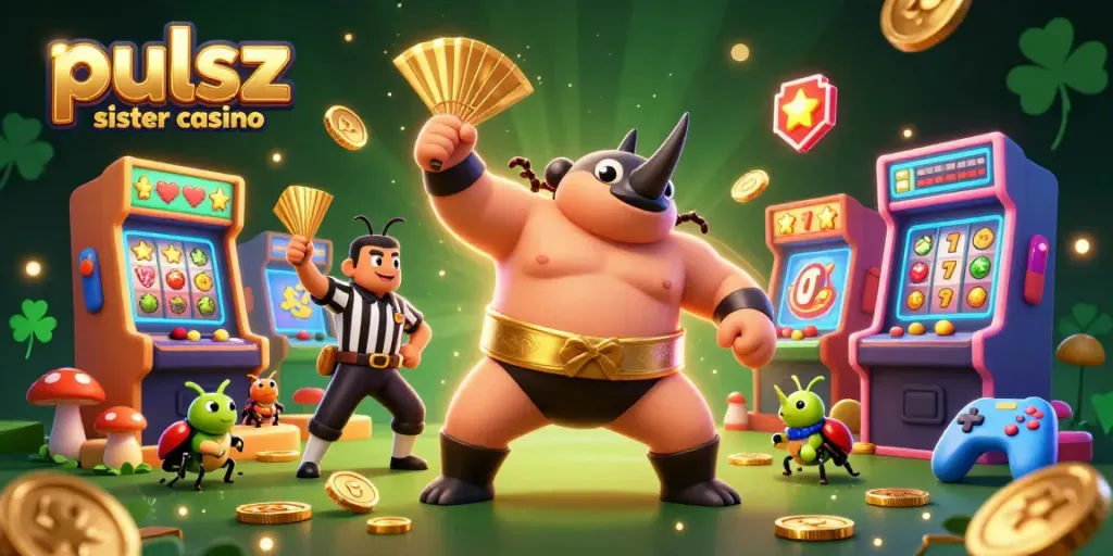 Experience pulsz sister casino with a vibrant illustration of a sumo champion beetle amidst golden coins.
