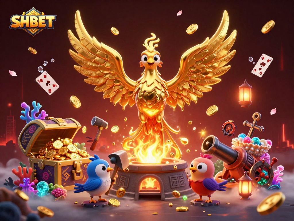 Experience the thrill of SHBET with golden phoenix and treasure in this vibrant casino scene.