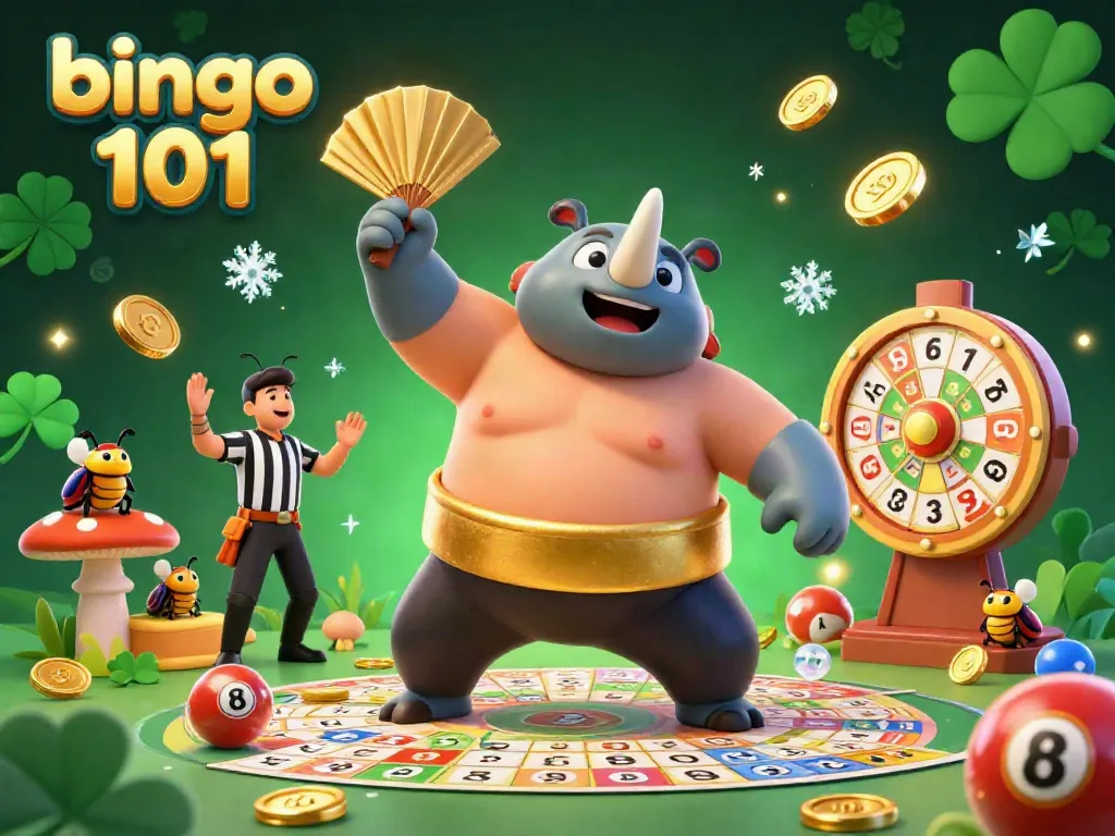 Join the bingo 101 excitement with a vibrant scene featuring colorful bingo cards, lively characters, and festive elements.