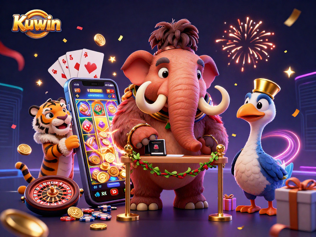 Kuwin casino bouncer checks IDs as a saber-tooth tiger VIP guest arrives, showcasing vibrant slot game action.