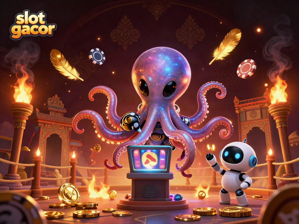 Experience the excitement of slot gacor gaming with an alien octopus at a holographic slot machine.