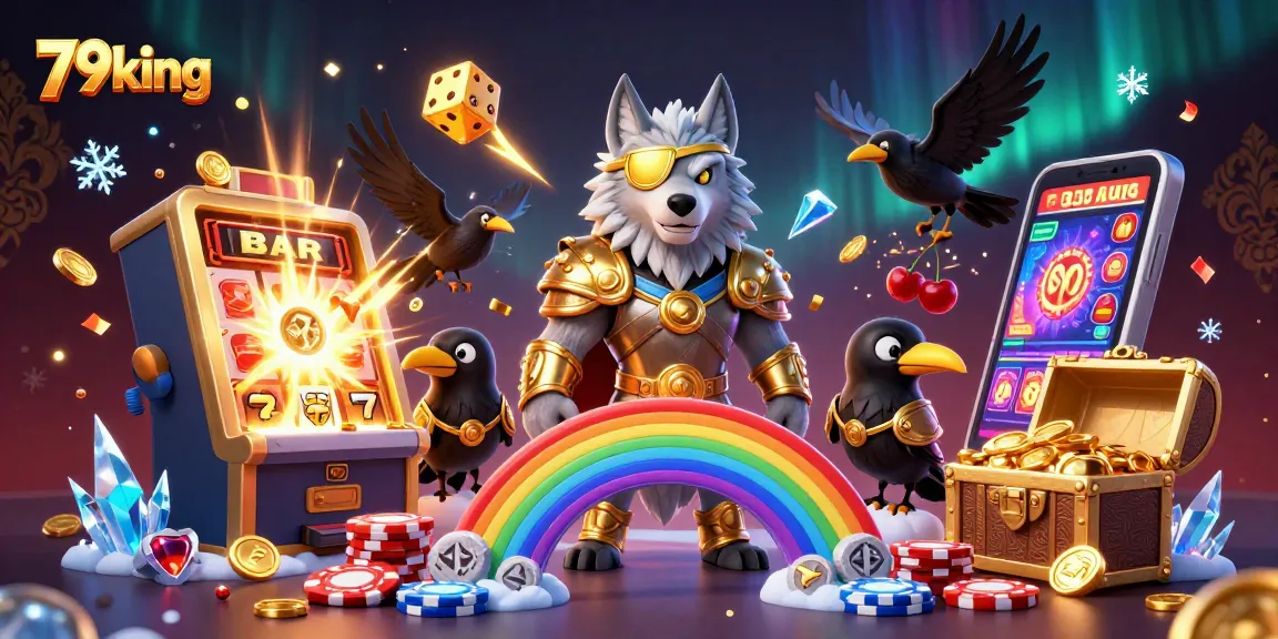 Experience the excitement of 79king with Odin and ravens amidst vibrant casino elements and jackpot treasures.