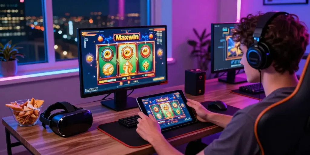 Engaging scene of a player immersed in a slot gacor maxwin game on a tablet, surrounded by gaming accessories and vibrant digital graphics.