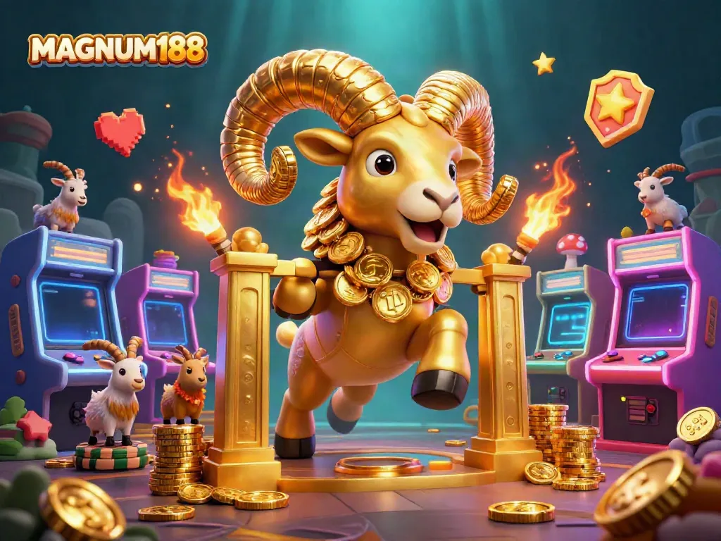 Experience MAGNUM188 excitement with a golden ram charging through a casino-inspired world of games.
