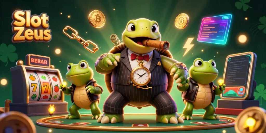 Menggilir Slot Zeus dengan lingkungan kasino yang dinamis, simbol slot, dan crypto yang bersinar.