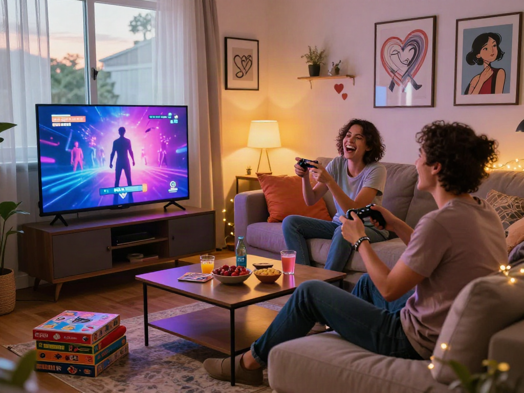 Couple enjoying interactive sex games on the TV, lively living room setup.