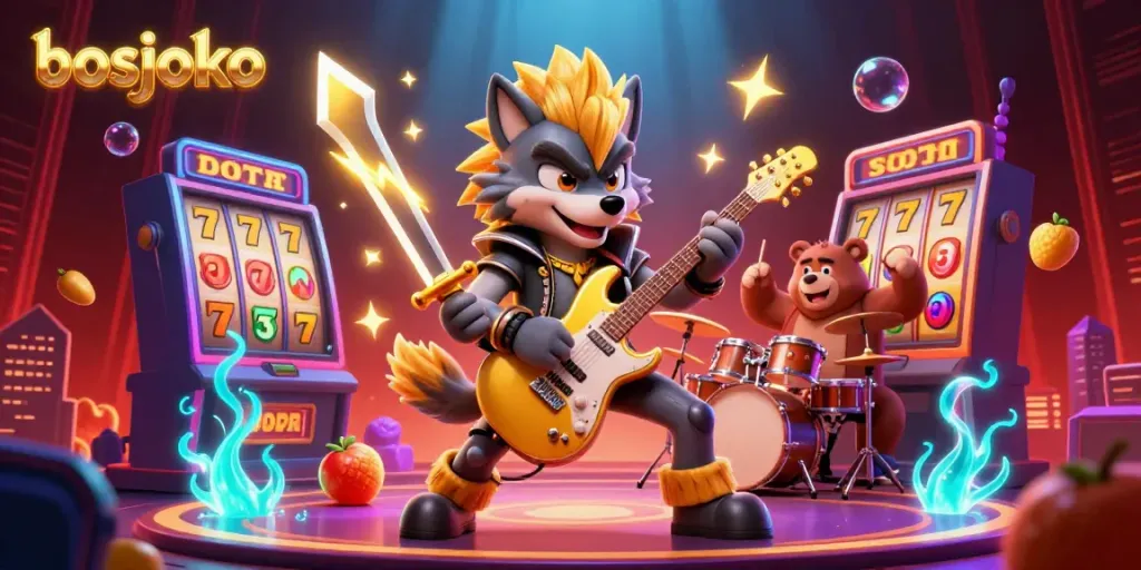 Experience excitement at bosjoko with 3D cartoon characters celebrating on a casino-themed stage.