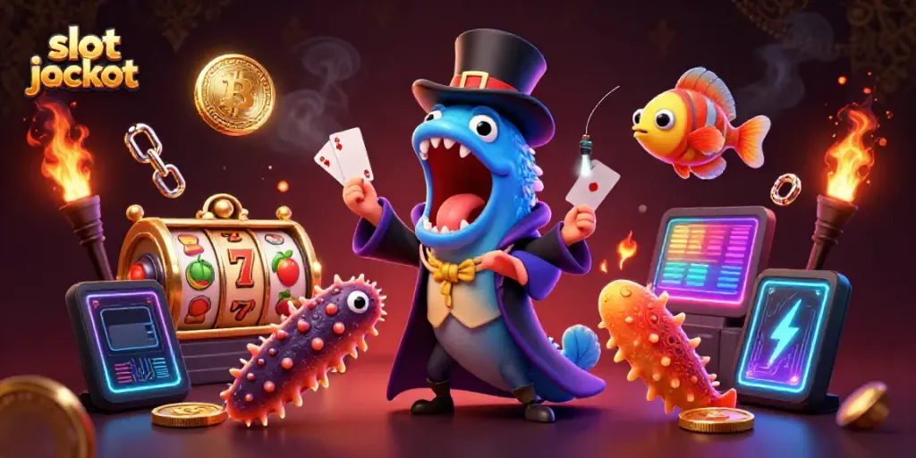 Engaging image showcasing a lively scene with slot jackpot elements and unique sea creatures performing magic tricks.