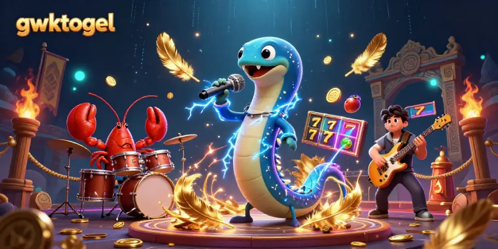 Ilustrasi gwktogel dengan ikan belut DJ, drummer lobster, dan gitaris kuda laut di panggung kasino bawah laut.