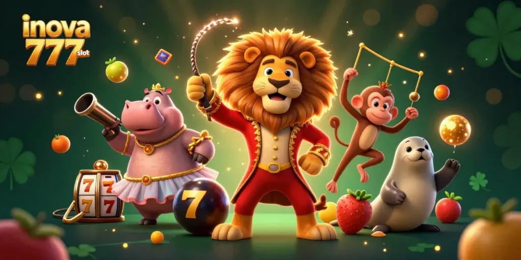 Experience the thrill of inova 777 slot with an exciting 3D circus-themed casino illustration.