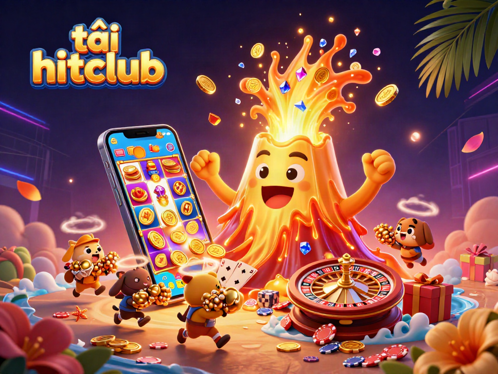 Win treasures with tải hitclub in a vibrant 3D casino illustration featuring a golden volcano.