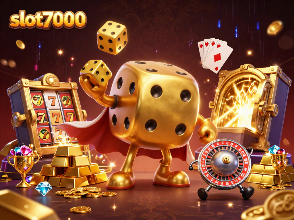 Engage with slot7000's vibrant 3D casino illustration, featuring dazzling gold elements and exciting game symbols.