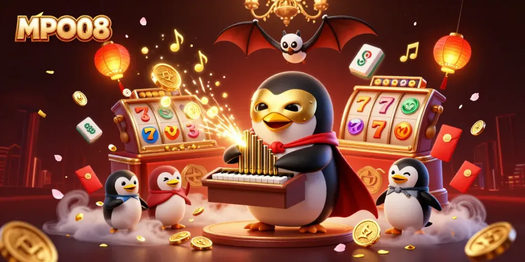 MPO08 showcases a vibrant casino scene with a cartoon penguin playing an organ as coins fly amidst exciting slot reels.