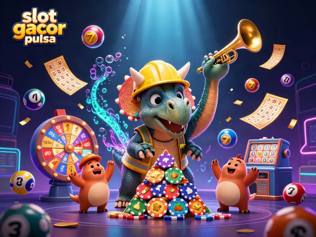 Engage with slot gacor pulsa as vibrant lottery balls and slot symbols fill a lively 3D casino scene.